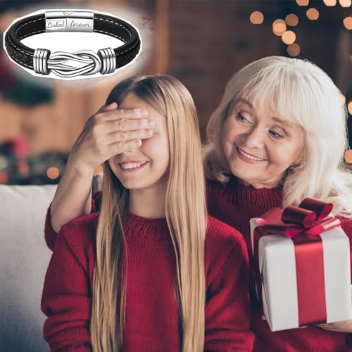 Grandmother and Granddaughter Forever Linked Together Braided Leather Bracelet, To My Granddaughter Infinity Knot Leather Bracelet Stainless Steel Engraved Jewelry for Birthday Christmas4