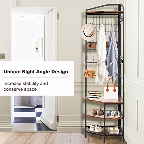 Corner Hall Tree, Entryway Coat Rack With 6 Hooks And Shoe Storage, Freestanding Hallway Storage Shelf Organizer, Vintage Multifunctional Clothes Rack For Home Office Bedroom #TOP2