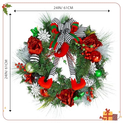 24 Inch Pre-lit Christmas Wreath for Front Door, Battery Operated Xmas Wreath with 20 LED Lights and Elf Legs Boots Christmas Ball Ornaments Bows for Home Winter Holiday Decor