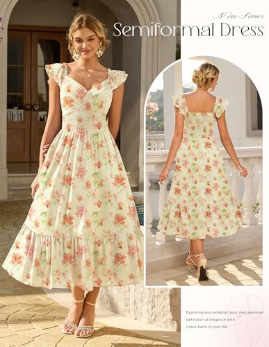 Image of GRACE KARIN Women's Summer Floral Maxi Dress 2026 Ruffle Sleeve Smocked Sundress Flowy Wedding Guest Long Dresses with Pocket