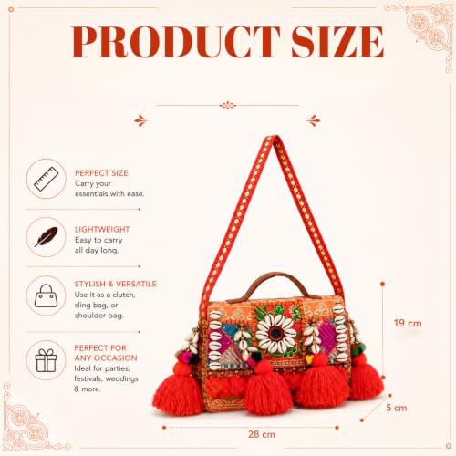 Image of MOMISY Handicraft Handmade Cotton Ethnic Rajasthani Embroidered Banjara Bags for Women Sling Clutch with Handle Purses for Ladies Girls