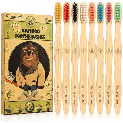 Tetragonal tree 8 Count Biodegradable Bamboo Toothbrushes - Natural Toothbrush Value Pack - Extra Soft Toothbrush for Adults, Good for Sensitive Teeth and Gums