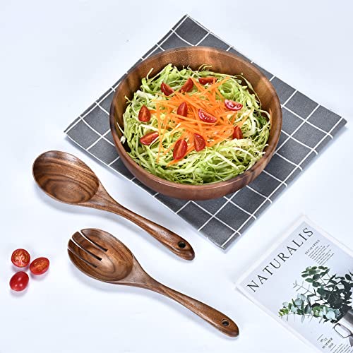 MYUANXI 24cm/9.44in Large Wooden Salad Bowl Purely Handmade Acacia Wood Salad Bowl and Servers Set for Fruits Vegetables Salads - Image 3