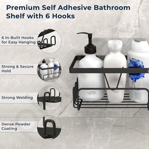 Image of Plantex Shelf for Bathroom /GI Steel Soap Stand with Side Hooks with Minor Surface Marks from Transit, Fully Quality Checked /Bathroom Organiser Without Drill (Black, Powder Coated)
