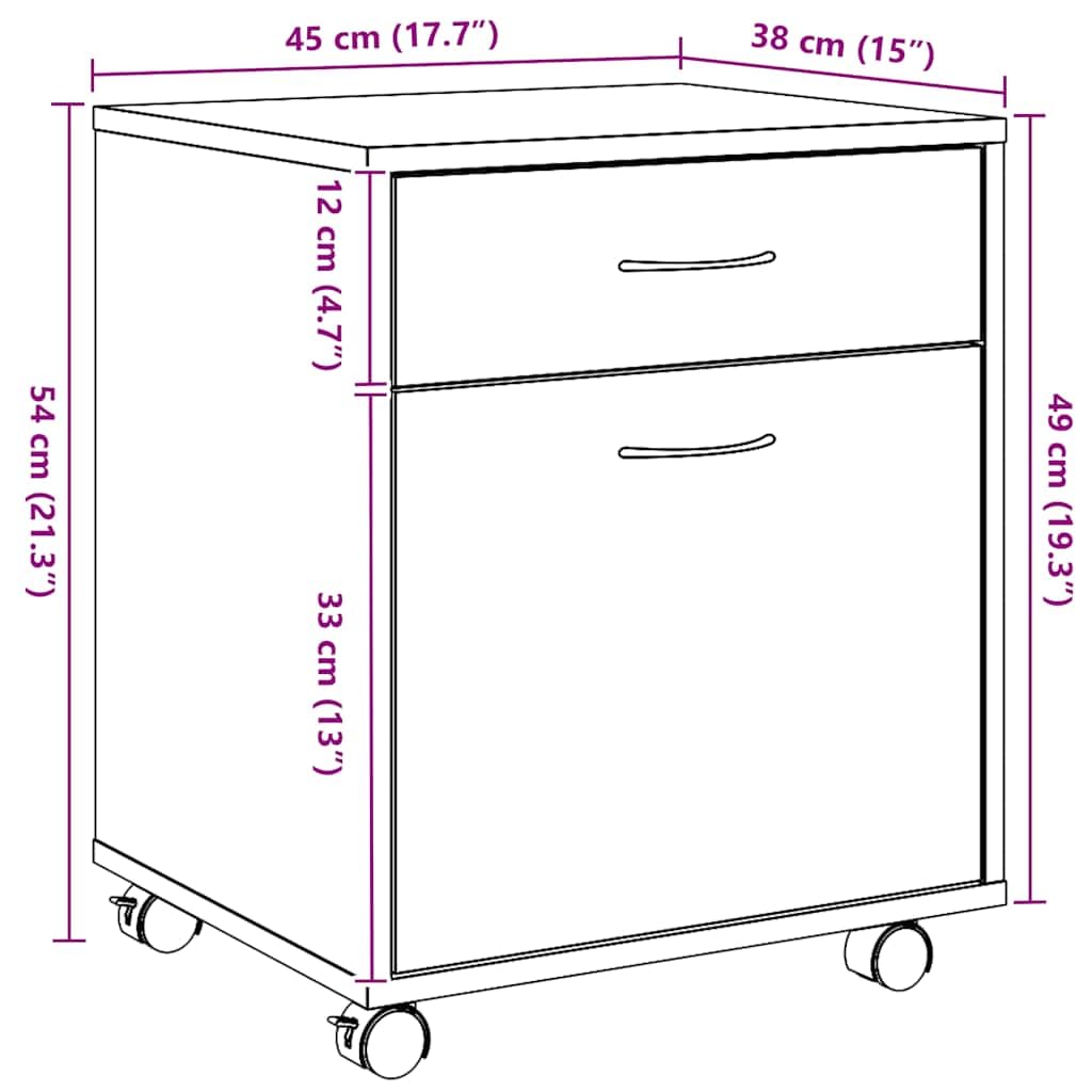 Artisan Kontener na kółkach z drewna dębowego, 45 x 38 x 54 cm, z miejscem do przechowywania, 4 rolki, 2 blokowane, do biura, biura domowego, porządku i przechowywania
