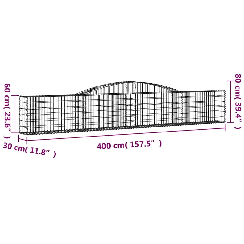 Gaviones con arco alto, 4 unidades, 400 x 30 x 60/80 cm de hierro galvanizado para barreras de jardín y protección visual como pared decorativa insonorizante con construcción estable