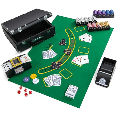 DREAMADE Pokerkoffer mit 300 Laser Poker Chips/ 2 Pokerkarten Set/Kartenmischer/Kartengeber/Spielmatte/ 5 Würfel/ 3 Dealer-Buttons, Poker Komplett Set Pokerset Profi Texas Hold'em (300 Chips)