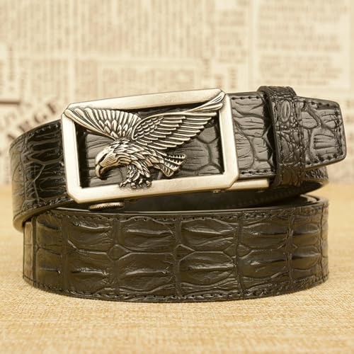 Men's Leather Ratchet Belt With Carved Silver Hollow Eagle Buckle, Adjustable For Jeans Casual & Work4