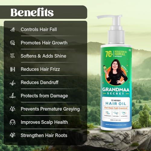Image of NIDHI'S GRANDMAA SECRET 13 Herbs Hair Oil for Hair Growth & Hair Fall Control | Handmade Oil with Aloe Vera, Curry Leaf & Amla | For Dry, Damaged, Frizzy Hair | Men & Women - (Pack of 2, Each 100mL)