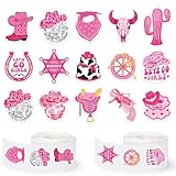 Whaline 1000 Pcs Western Cowgirl Stickers Roll Pink Hat Boots Cake Disco Ball Self Adhesive Decals for Birthday Party DIY Craft Scrapbook Water Bottle Laptop Pad Decor, 14 Designs