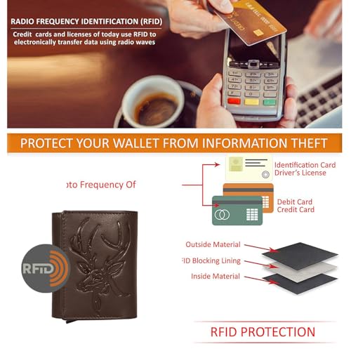 Image of Men's Genuine Leather RFID Wallet | Premium Slim Red Wallet for Men with Deer 3D Print | 8 Card Slots Secure and Durable Design | Casual Stylish | Formal & Gifting Use, Brown and Silver