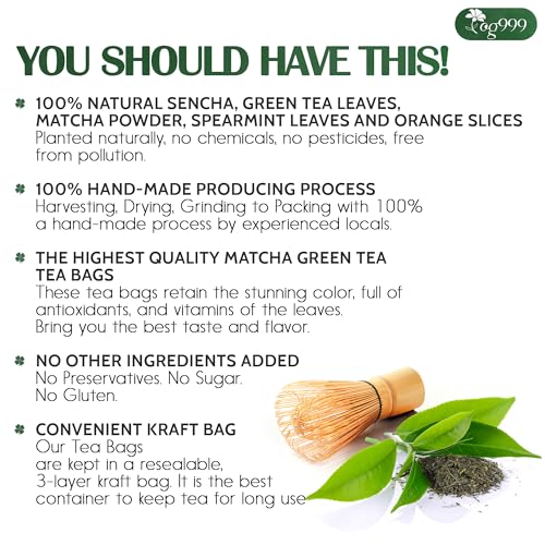Image of TOG999, Premium Matcha Green Tea Bags | 120 Count | Blend of Sencha, Green Tea, Spearmint & Orange Slices - Refreshing Flavor, Naturally Vibrant, No Gluten. Vegan.