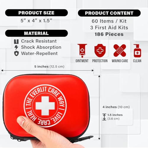 Image of EVERLIT CARE Mini-Aid First Aid Kit | Compact & Lightweight Case with Carabiners for Travel | Family & Kid Friendly 180 Pcs Wound Care Supplies for School, Work, Outdoor, Home & Office | Pack of 3
