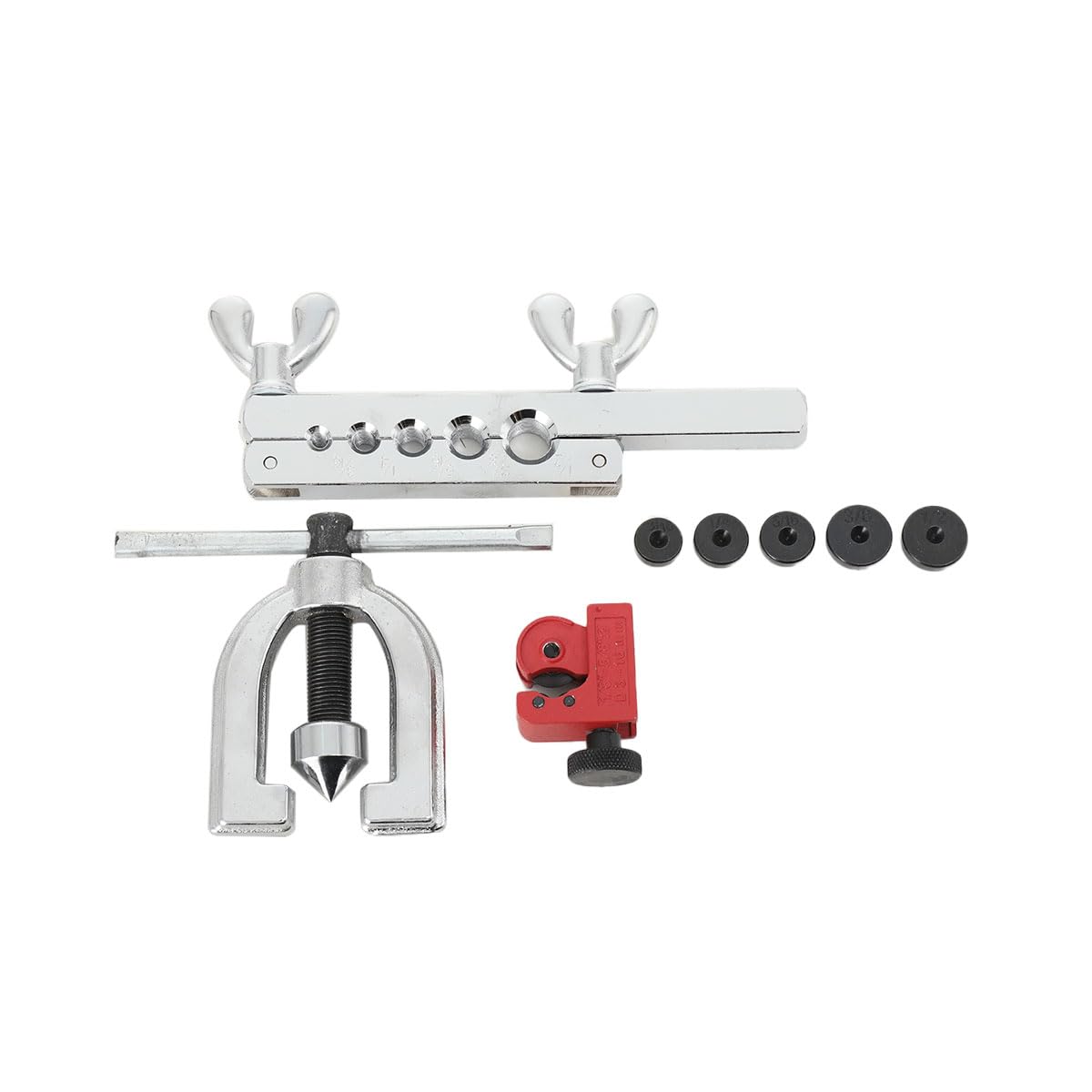 Kit di Attrezzi per l'Espansione di Tubazioni dei Freni, Taglierina per Tubi e Attrezzi Svasati, 5 Adattatori 3/16"-1/2", Compatibile Rame, Alluminio, Magnesio, Ottone e Acciaio Morbido