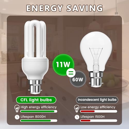 Bonlux B22 Energy Saving Bulb 11W Warm White 2700K, B22d/B22/BC Bayonet Cap, 3U CFL Low Energy Light Bulbs Bayonet, 3U BC Compact Fluorescent Stick Bulbs, AC 220V, Not Dimmable, 2-Pack - Image 3