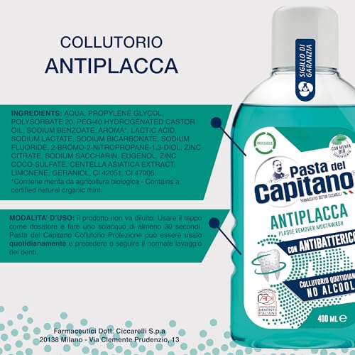 Pasta del Capitano, Antiplaque Mundwasser, Alkoholfreies tägliches Mundwasser, Übt eine effektive Antiplaque-Wirkung aus, Mit antibakterieller Wirkung, 100% Made in Italy, 400 ml Flasche – Bild 7