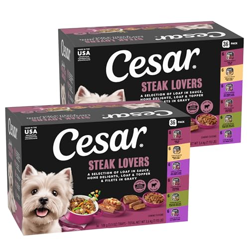 Cesar Adult Wet Dog Food Steak Lovers Variety Pack with Real Meat, 3.5 oz. Easy Peel Trays, 36 Count (Pack of 1)