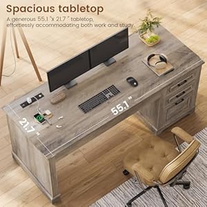 Itaar farmhouse 55 executive desk computer desk with storage drawers and power outlet home office desk workstation for office home grey  urban country home decor