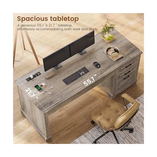 Itaar farmhouse 55 executive desk computer desk with storage drawers and power outlet home office desk workstation for office home grey  urban country home decor