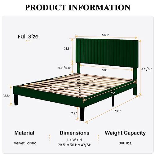 Image of SHA CERLIN Full Upholstered Platform Bed Frame with Vertical Channel Tufted Velvet Fabric Adjustable Headboard, Wooden Slats Support, Mattress Foundation, Box Spring Optional, Green