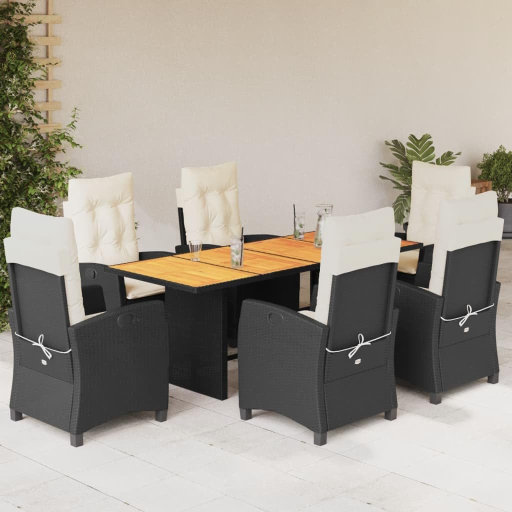 Set di 7 mobili da giardino in polyrattan nero con tavolo in legno di acacia, seduta regolabile, cuscino con rivestimento lavabile, per terrazza, balcone, giardino d'inverno, uso all'aperto