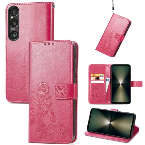 に適用するXperia 1 VII SO-51F ケース 手帳型 ノートブック型携帯電話保護カバー多機能ホルスター財布ホルダーバンプパターンテクスチャ耐久性摩擦耐性ケース男性と女性に適した (四つ葉のクローバー赤)