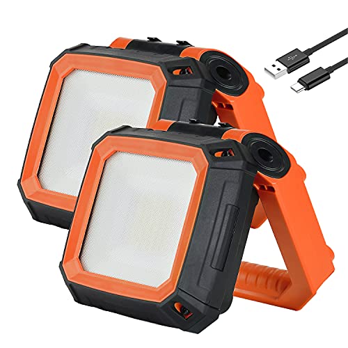 LOVORK 2 Pack Rechargeable Work Light Clamp Rotating Flood Light, 900lm Dimmable 190° Rotating Base Job Site Lighting, IPX4 Waterproof LED Light for Outdoor Camping Repairing Construction Emergency