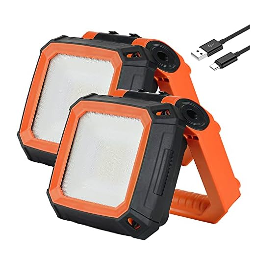 LOVORK 2 Pack Rechargeable Work Light Clamp Rotating Flood Light, 900lm Dimmable 190° Rotating Base Job Site Lighting, IPX4 Waterproof LED Light for Outdoor Camping Repairing Construction Emergency