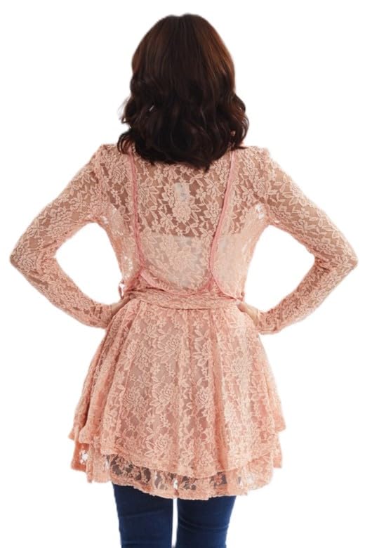 Women's Flared Lace Trench Coat, Long Sleeve, Belted Waist, Coral Pink/Peach2