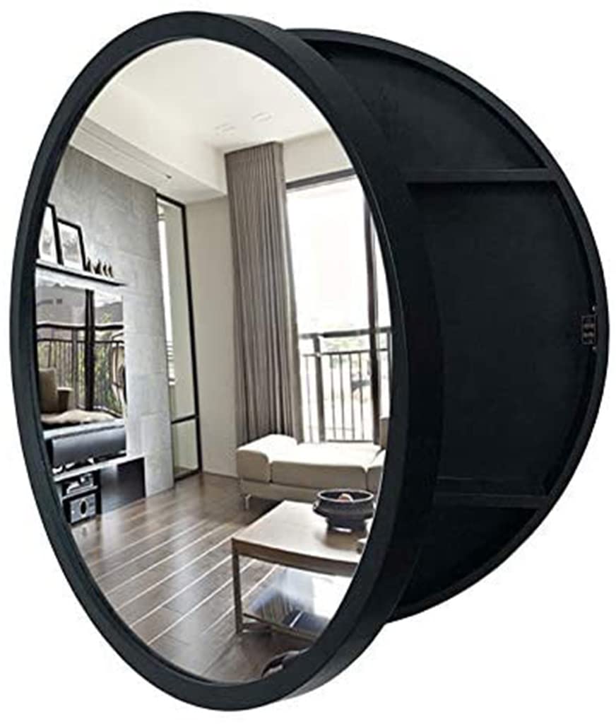 Mobiletto per Bagno con Specchio Rotondo in Legno, 2 in 1, con Specchio per Cosmetici, Design Semplice e alla Moda, Stile Unico per Gli Amanti del Trucco, Finitura Noce, Diametro 60 cm, Nero