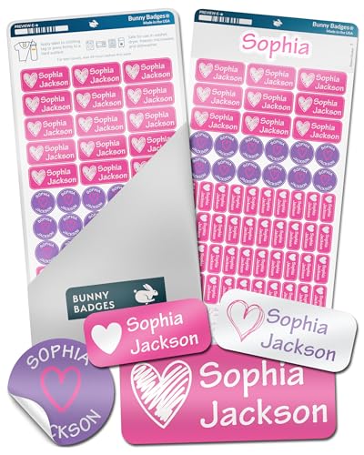 Bunny Badges Personalized Daycare Name Labels for Kids (130 Labels) - Custom Waterproof Name Stickers for Clothing Tags, Water Bottles, Lunch Boxes and School Supplies (Hearts)