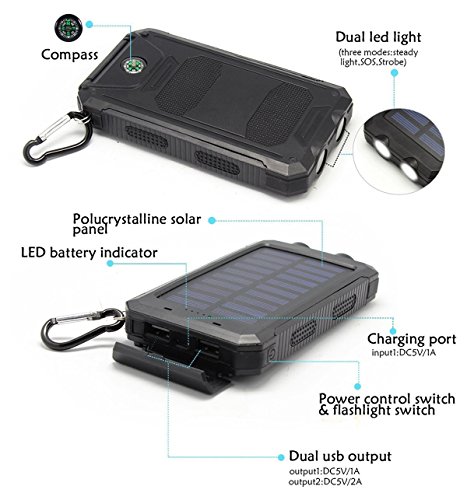 Solar Charger Solar Power Bank 20000Mah Waterproof Portable External Backup Outdoor Cell Phone Battery Charger With Dual Led Flashlights Solar Panel For Compatible With All Smartphone (Black) #TOP4