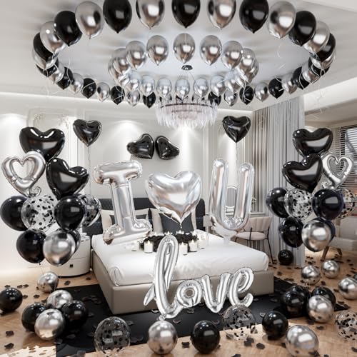 Bonropin I Love You Balloons for Him/Her Balloons Black and silver with Heart Shaped Balloons Black Artificial Rose Petals for hotel Dec orations Valentines Party wedding anniversary supplies