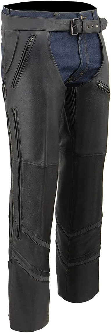 Milwaukee Leather Chaps for Men’s Black Vented Naked Leather – Reflective Piping 5 Pockets Motorcycle Chap – ML1144