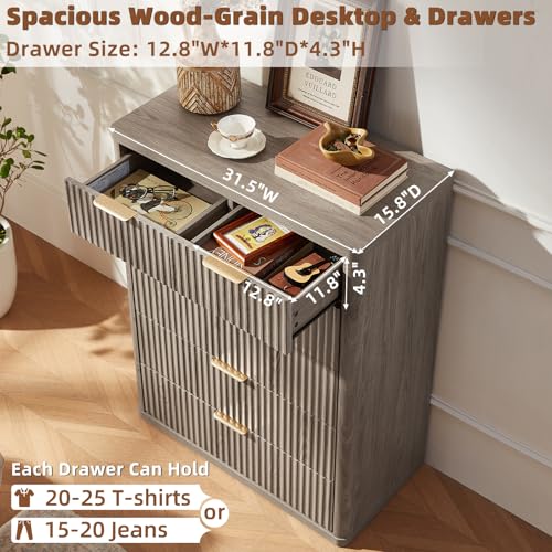 Image of LEYAOYAO Fluted 6 Drawers Dresser for Bedroom, 42 inch Tall Modern Chest of Drawers with Metal Handle, Curved Profile Design,Grey Wood Drawer Organizer for Bedroom, Living Room, Hallway, Entryway