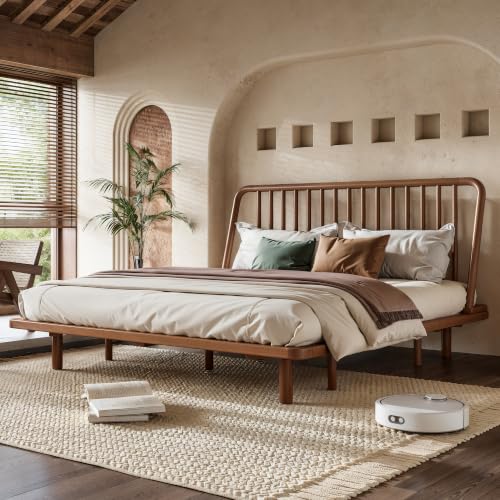 Image of Bellemave Queen Size Bamboo Bed Frame with Slatted Slanted Headboard,Brown