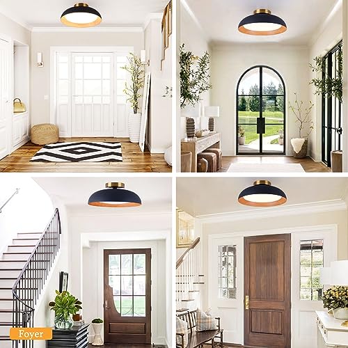 Image of Bargeni Flush Mount Ceiling Light, Black with Wood-Grain Finish,12.5 inch