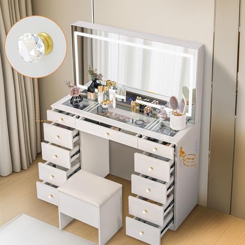 Pamapic Glass Top Vanity Desk with Crystal Handles, 11 Drawers Makeup Vanity with Mirror and Stool, 3 Lighting Modes Dressing Table, Power Outlet, Silent Slides, White