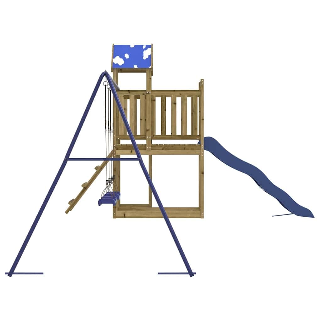 Torre da gioco in legno di pino impregnato con scivolo ondulato e doppia altalena per giardino, casetta giochi per esterni con sabbiera, struttura da arrampicata, scala, altalena