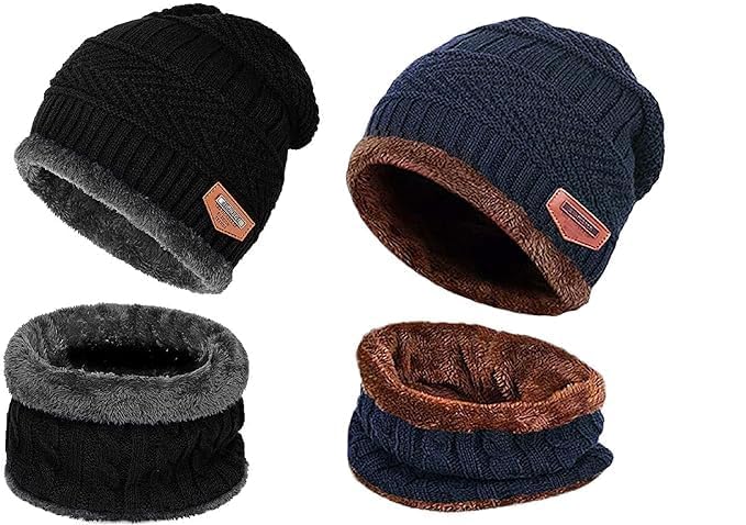 Woolen Beanie/Skull Cap & Neck Warmer (Muffler) Combo For Winters With InSide Fur | Warm Hat | Hedging Hat Scarf Set |Air Proof Cap |Ear Warmer 2 Cap & 2 Neck Warmer set-image-43