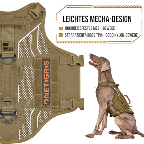 OneTigris Hundegeschirr, AIRE Armor Mesh Einstellbar Sicherheitsgeschirr mit 2 Griffe und 3 D-Ringen No-Pull Brustgeschirr Reflektierend Atmungsaktiv für Große/Mittlere Hunde - Braun XL