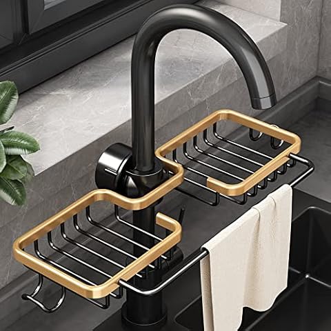 WINGSIGHT Faucet Sponge Holder Kitchen Sink Caddy Organizer Over Faucet Hanging Faucet Drain Rack for Sink Organizer (Double with Dishcloth Rack, Golden) Cover