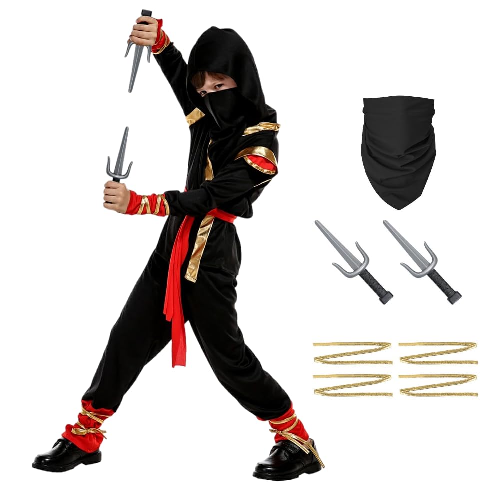 DiULi Disfraz de Ninja Niños, Conjunto de Ropa Ninja para Niños, Tipo Dividido, Juego de Cosplay de Ninjas con Capucha, Cinturón, Mascarilla, Correas de Puños y Bayoneta de Juguete