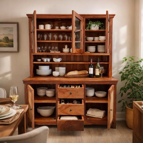 Image of ANGEL FURNITURE Sheesham Wood Kitchen Cabinet, 72 inch Height, Glass Doors, 3 Drawers, Mandala Design, Natural Brown (Honey Finish)