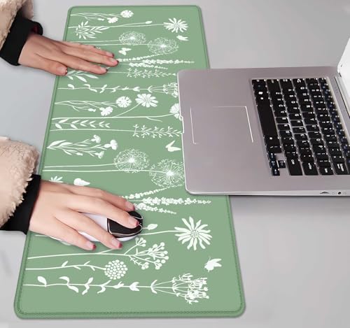 Image of IMAYONDIA Cute Sage Green Desk Mats Mousepad, Plant Floral Anime Deskmat, Aesthetic Desk Pad, Minimalist Mint White Leaves Large Gaming Mouse Pad, Decor Accessories, 31.5 X 11.8