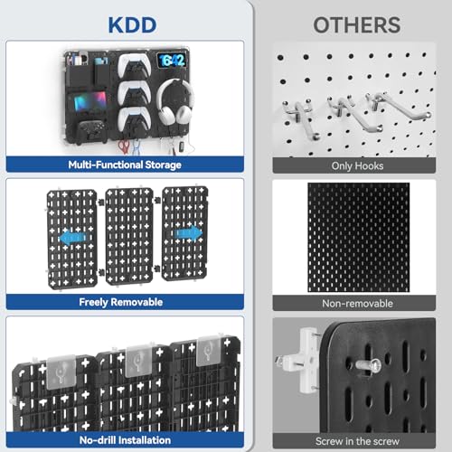 Image of KDD 9 in 1 RGB Gaming Wall Organizer Peg Board - DIY Pegboard Combination Kit with Phone Stand /Pen Holder /Storage Box /Headset & Controller Holder /Hooks for Office & Home Gamer Room Decor Accessories