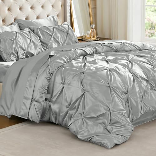Image of BEDELITE Satin Comforter Set Full Size, 7 Pieces Pintuck Bed in A Bag with Comforter, Flat Sheet, Fitted Sheet, Pillowcases, Shams, Soft Cozy Similar to Silk Bed Set for All Seasons (Grey)