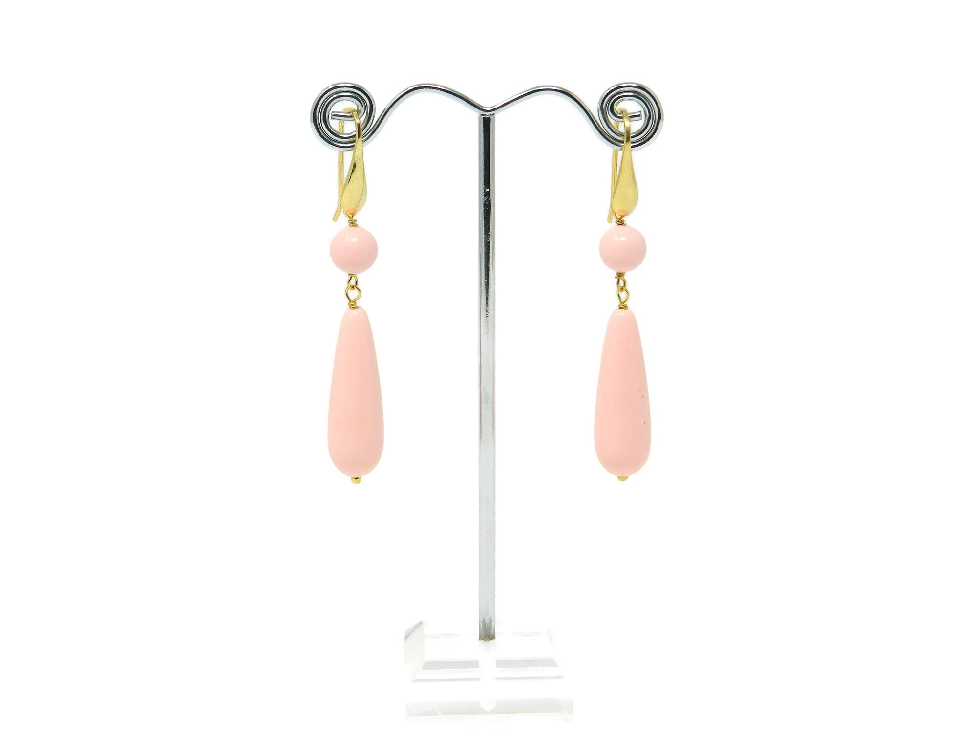 Orecchini Pendenti Donna in Pasta di Corallo Rosa Chiaro – Goccia 10x30 mm e Pallina Liscia – Argento 925 Placcato Oro – Handmade, Nickel-Free, Made in Italy - DodiGioielli