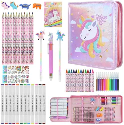 JAMIEWIN Markers Set with Glitter Unicorn Pencil Case, 59 Pcs Art and Craft Supplies Kit for Kids, Unicorn Gifts for Girls 4-9 Year Old for Christmas Birthday