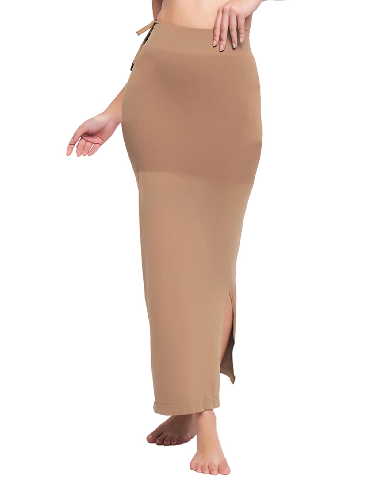 Women's Petticoat Style Saree Shapewear with Drawstring/Naada (SW0048A24_Brown_L)